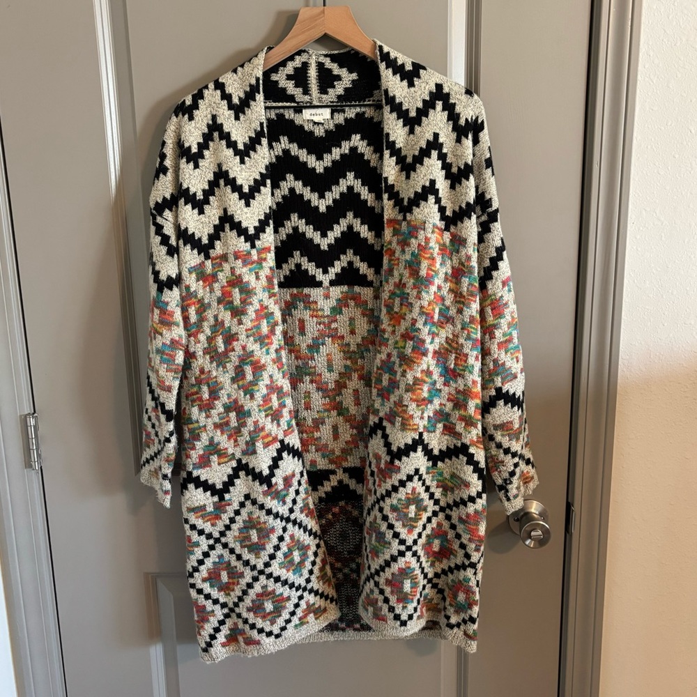 Debut Aztec Tribal Boho Colorful Open Front Long Cardigan Sweater Duster